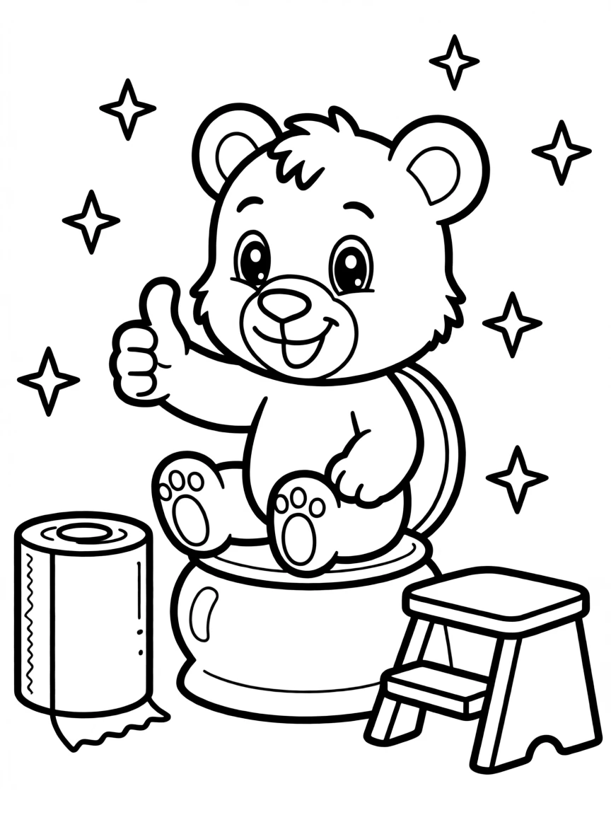 A cute cartoon bear cub sitting happily on a small kid-sized potty, giving a big thumbs up and a proud smile, with a roll of toilet paper and a little step-stool nearby, sparkle stars floating around to show celebration.