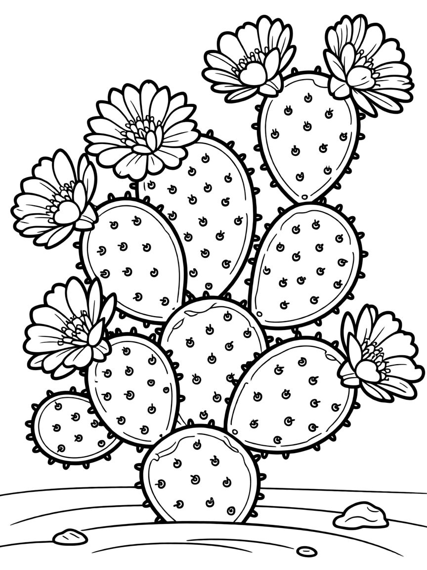 (Mexico) A cactus garden with blooming nopales (cactus pads) and their flowers
