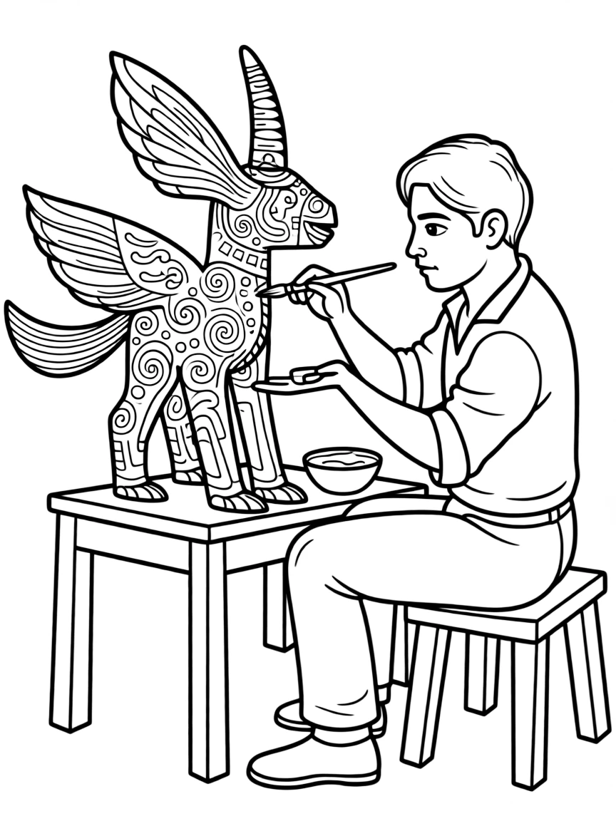 (Mexico) A pottery maker in Oaxaca painting an alebrije (fantastical animal figurine)
