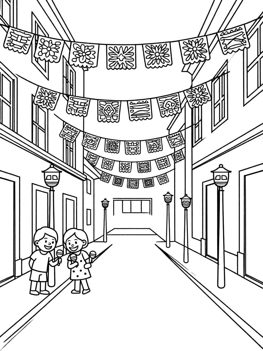 (Mexico) A street decorated with papel picado (cut paper banners) for a fiesta