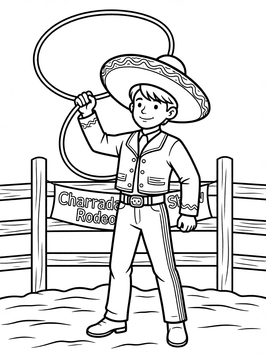 (Mexico) A charro showing off lasso tricks at a rodeo (charreada)