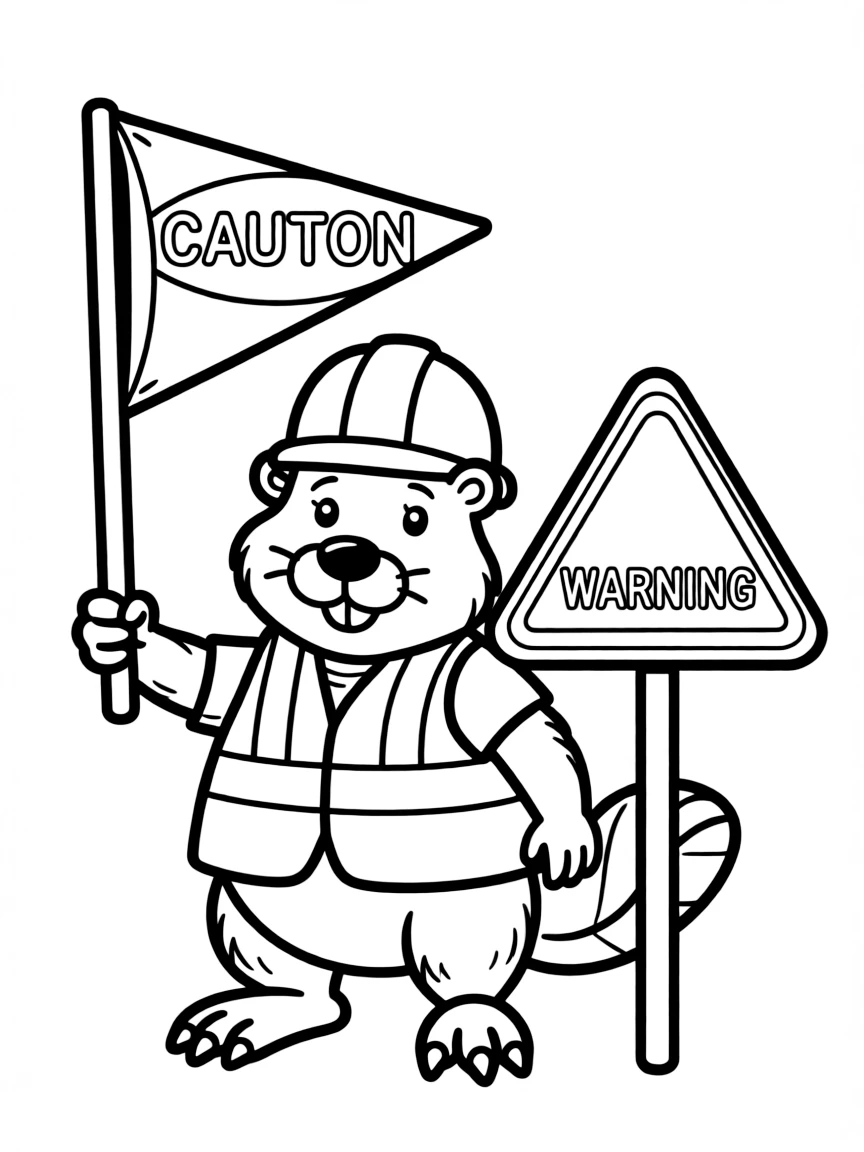 a construction-worker animal (like a beaver or bear) standing next to a warning sign, holding a "caution" flag