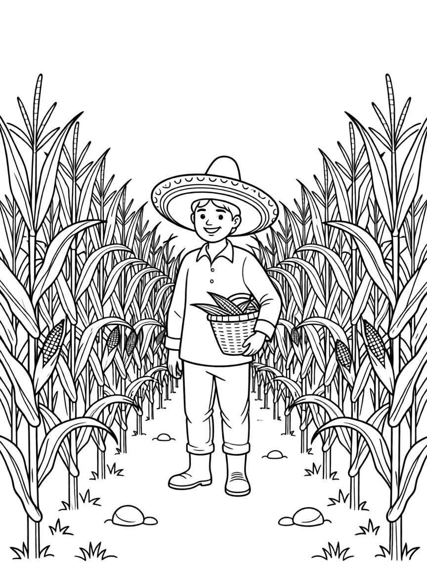 (Mexico) A cornfield with maize plants and a farmer in a sombrero
