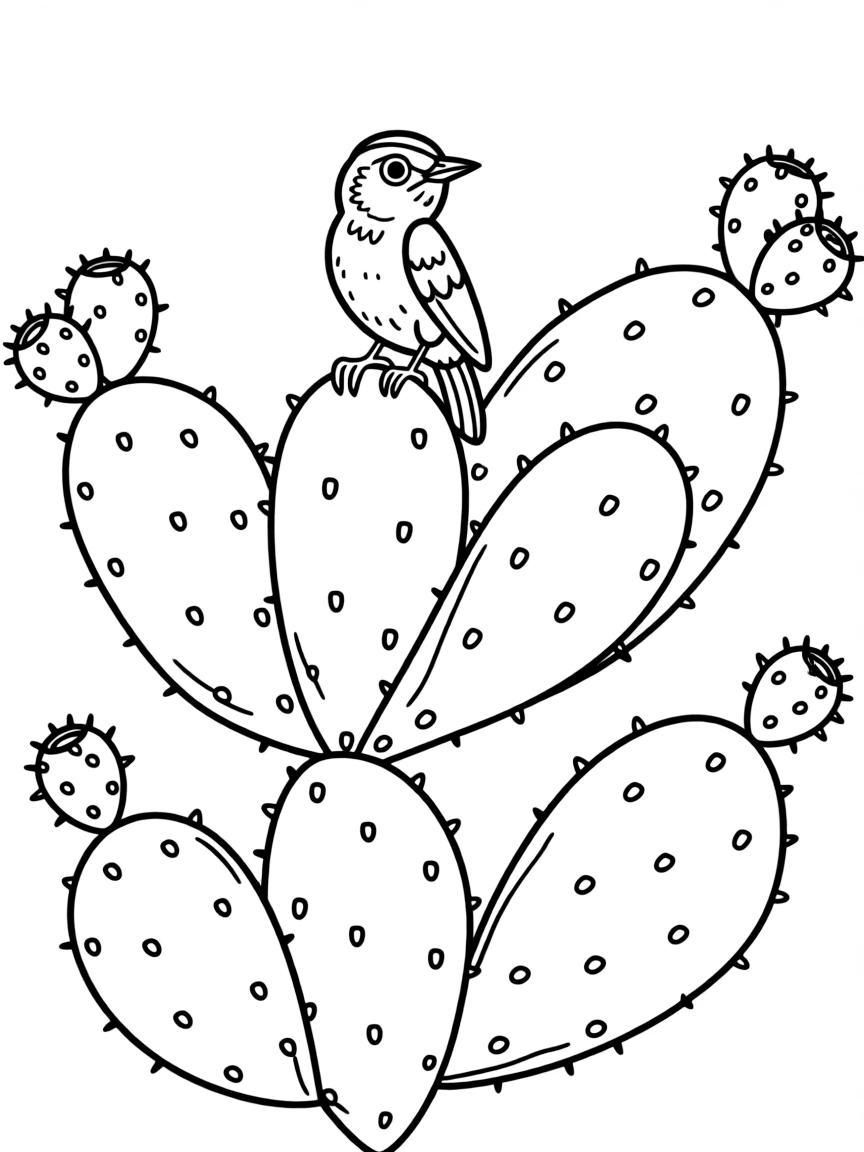 (Mexico) A cactus wren bird perched on a nopal cactus