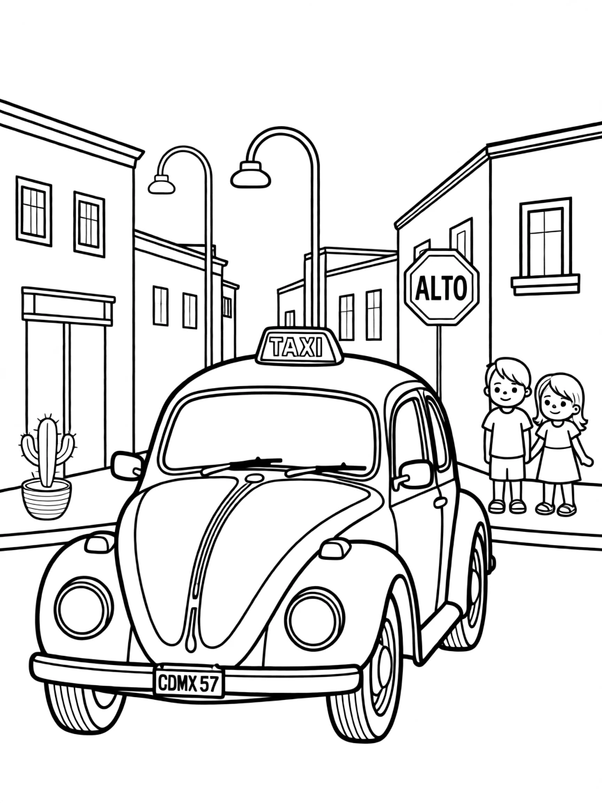 (Mexico) A street scene with a vintage Volkswagen Beetle taxi in Mexico City