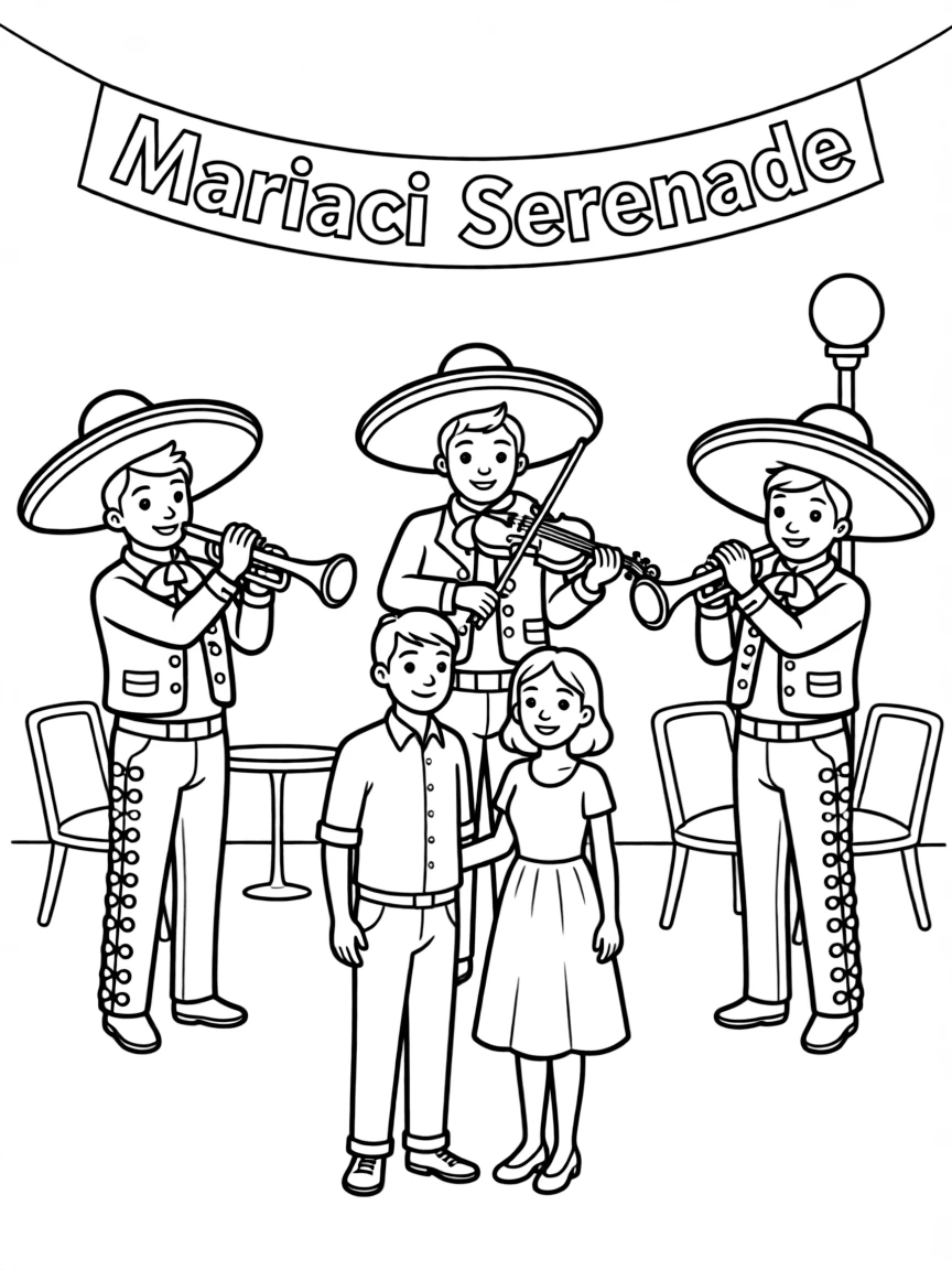 (Mexico) A group of mariachis with trumpets and violins serenading a couple