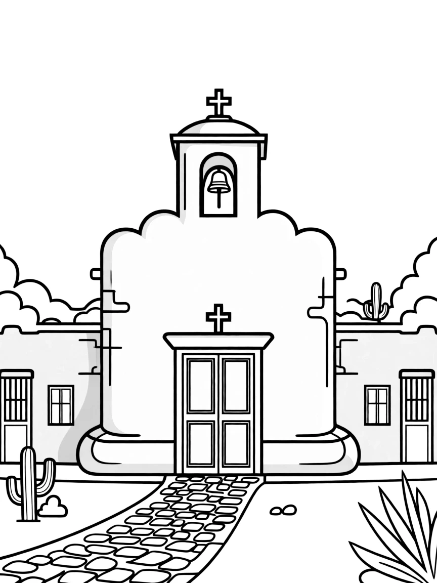 (Mexico) An adobe mission church with a bell in a small village