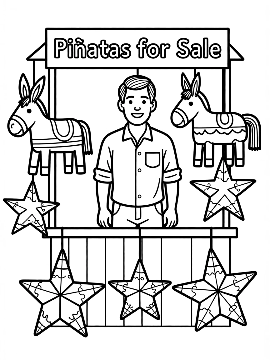 (Mexico) A cheerful piñata vendor selling piñatas shaped like donkeys and stars