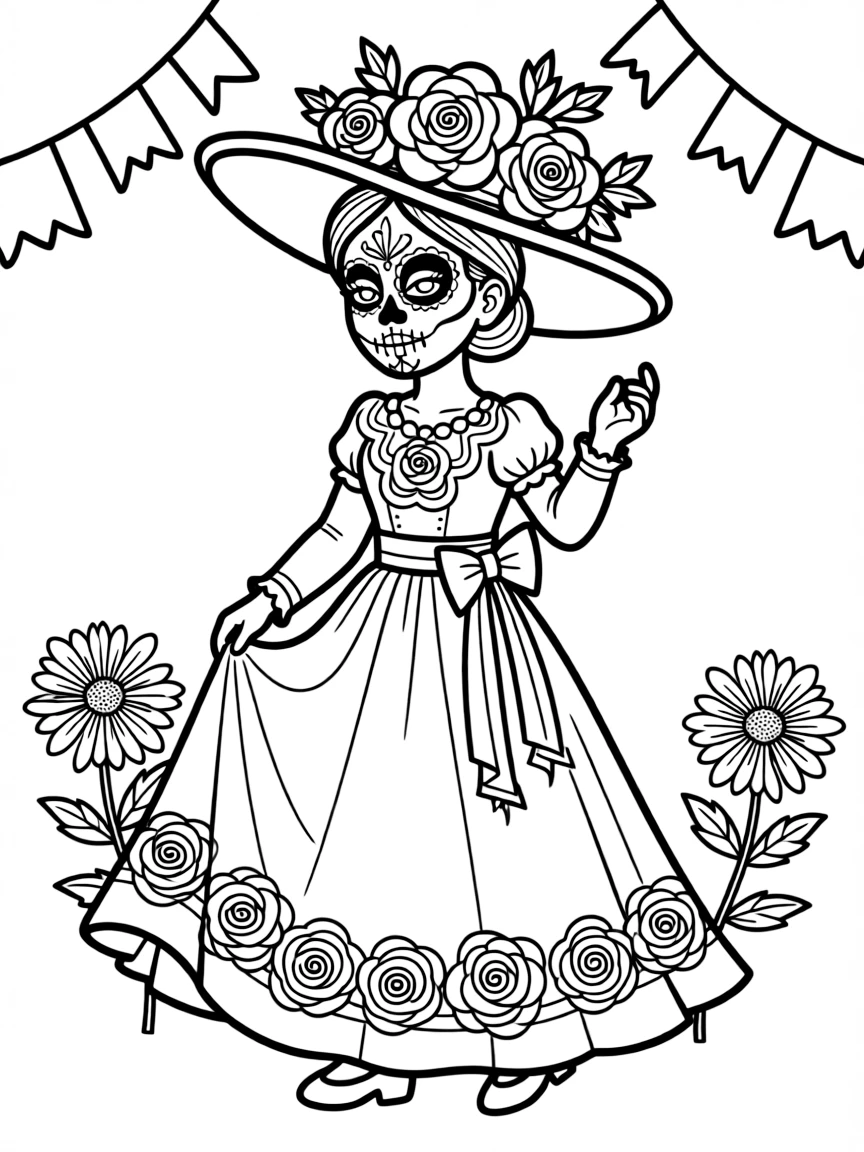 (Mexico) A young girl dressed as La Catrina with elegant skull face paint