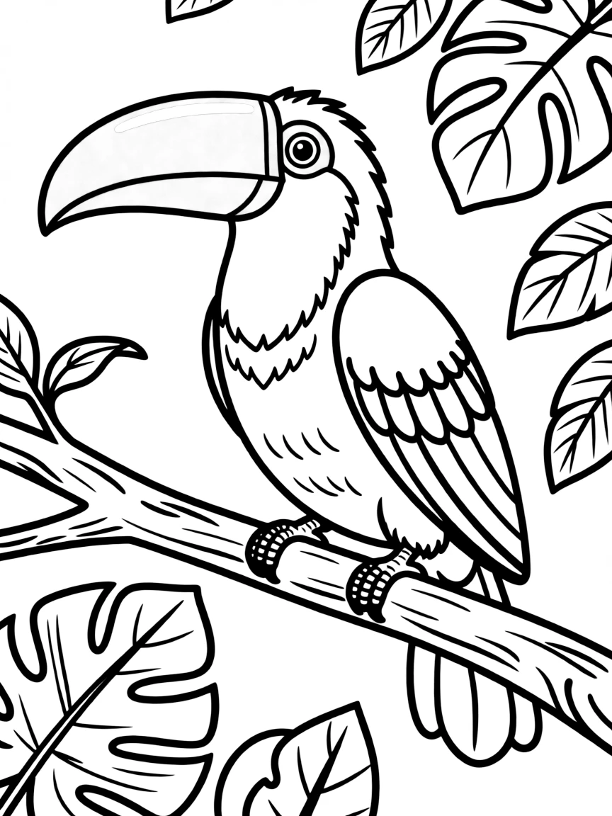 (Brazil) A toucan with a bright orange beak sitting on a rainforest branch