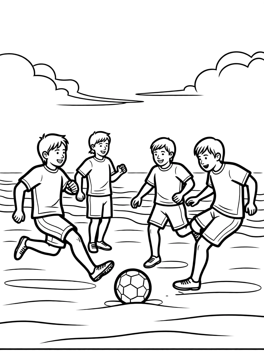 (Brazil) A group of football (soccer) players kicking a ball on the beach