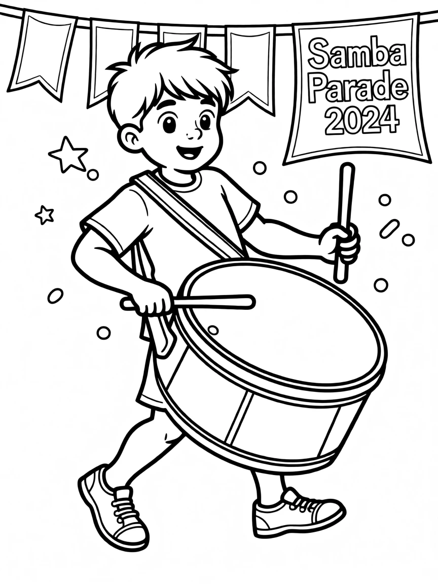 (Brazil) A drummer playing a big samba drum during a street parade