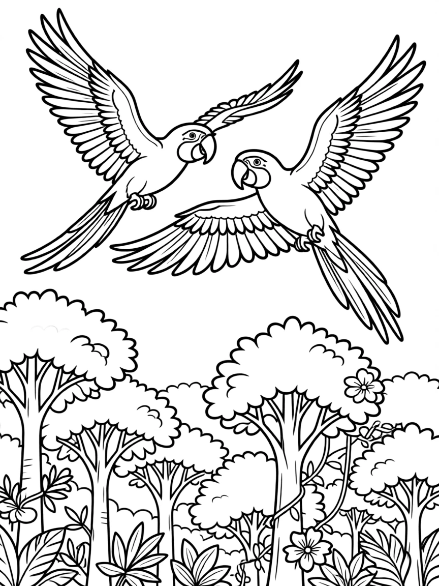 (Brazil) A pair of macaw parrots flying over the rainforest canopy