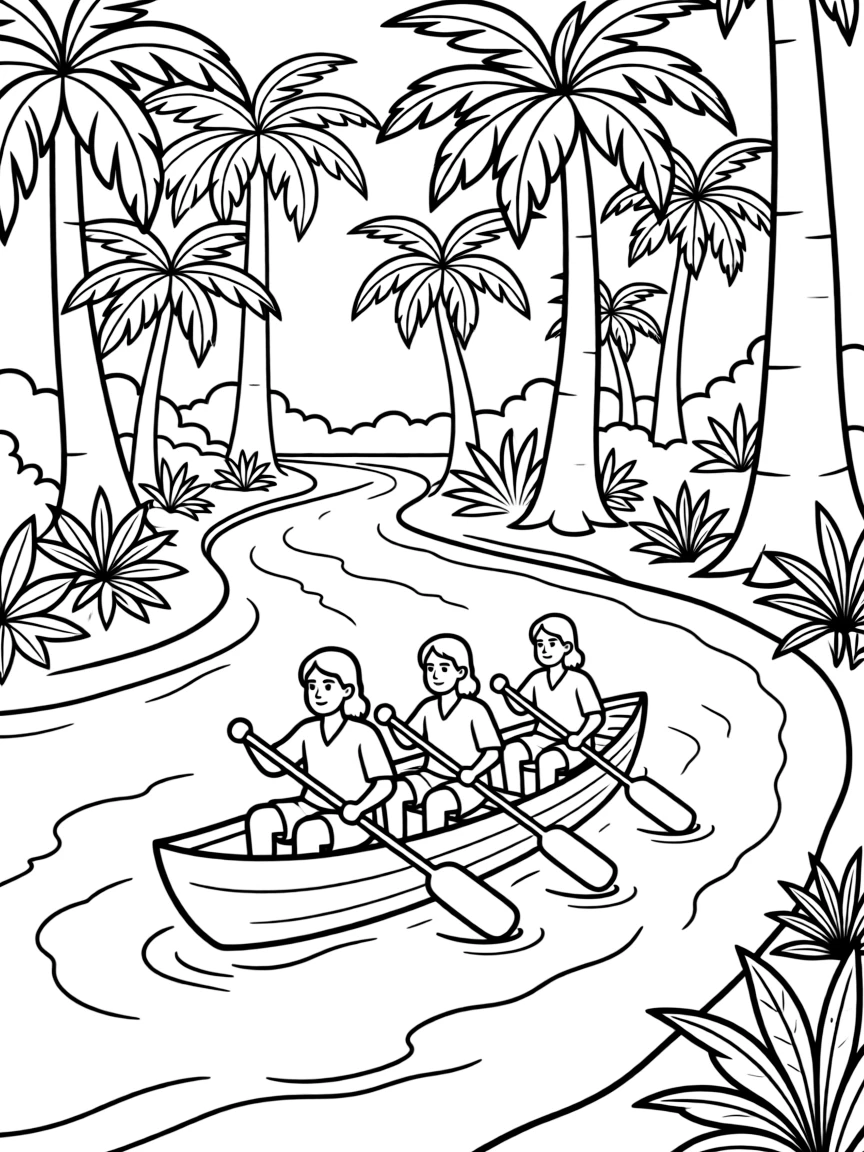 (Brazil) A boat with Amazon villagers paddling down the river surrounded by rainforest