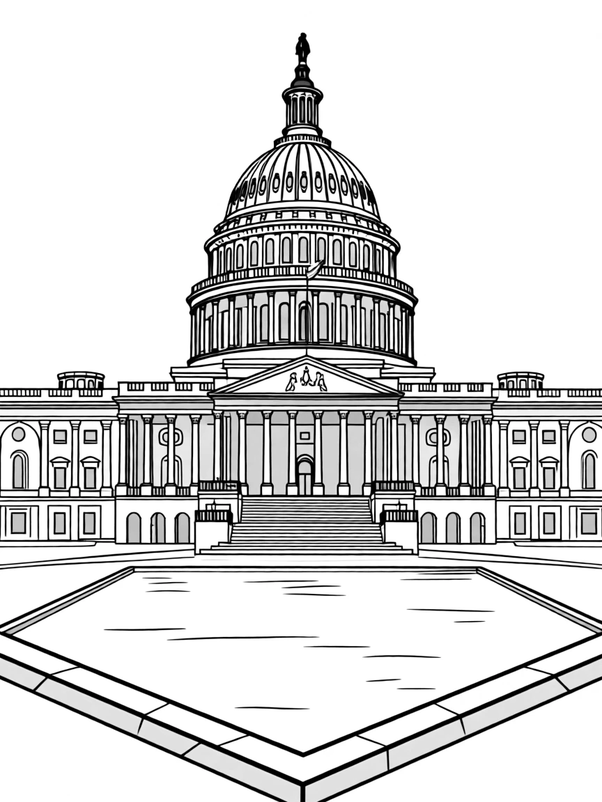 The United States Capitol building, front view, showing the iconic central dome with the Statue of Freedom on top, symmetrical wings on either side, rows of tall columns, a grand staircase leading up to the entrance, and the reflecting pool in the foreground. also called, US Congress building.
