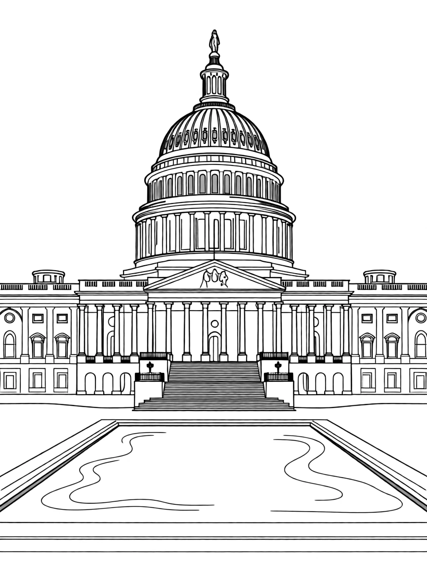 The United States Capitol building, front view, showing the iconic central dome with the Statue of Freedom on top, symmetrical wings on either side, rows of tall columns, a grand staircase leading up to the entrance, and the reflecting pool in the foreground. also called, US Congress building.