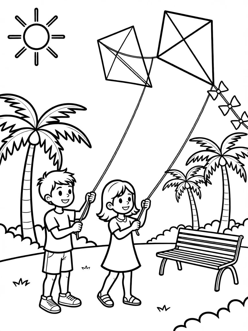 (Brazil) Children flying kites on a sunny day in a Brazilian park