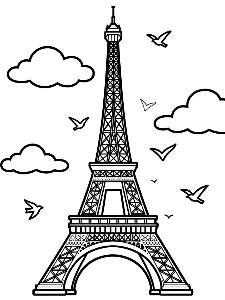 (France) The Eiffel Tower with clouds and birds above