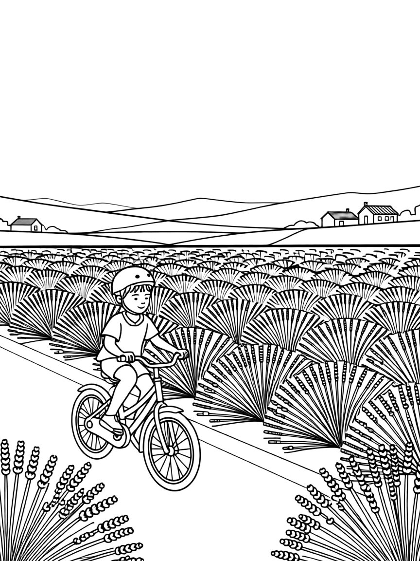 (France) A child riding a bicycle past lavender fields in Provence