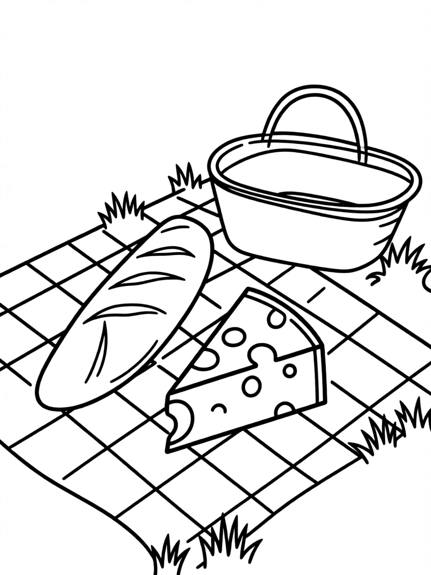 (France) A French baguette and cheese on a picnic blanket