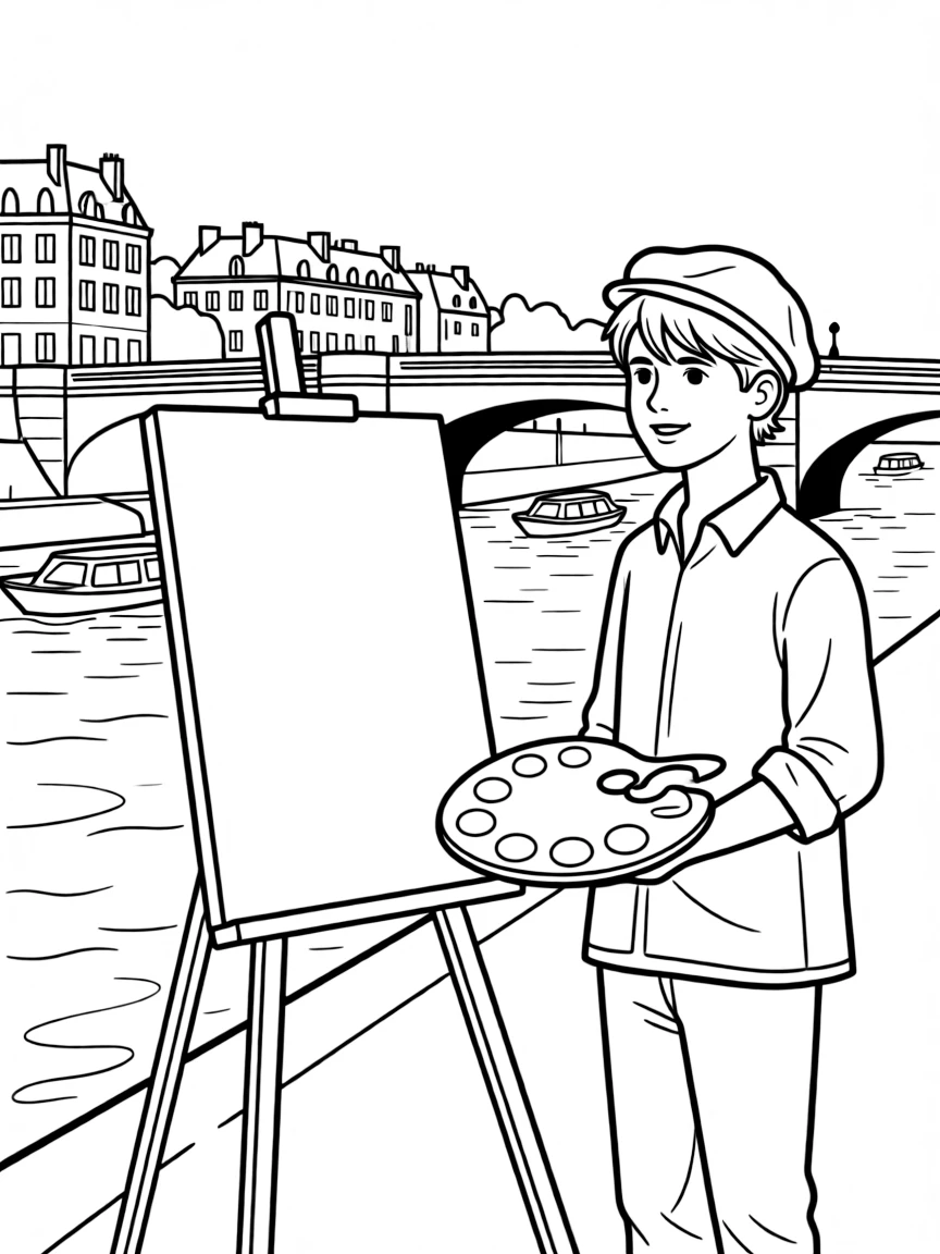 (France) A painter with an easel beside the Seine River