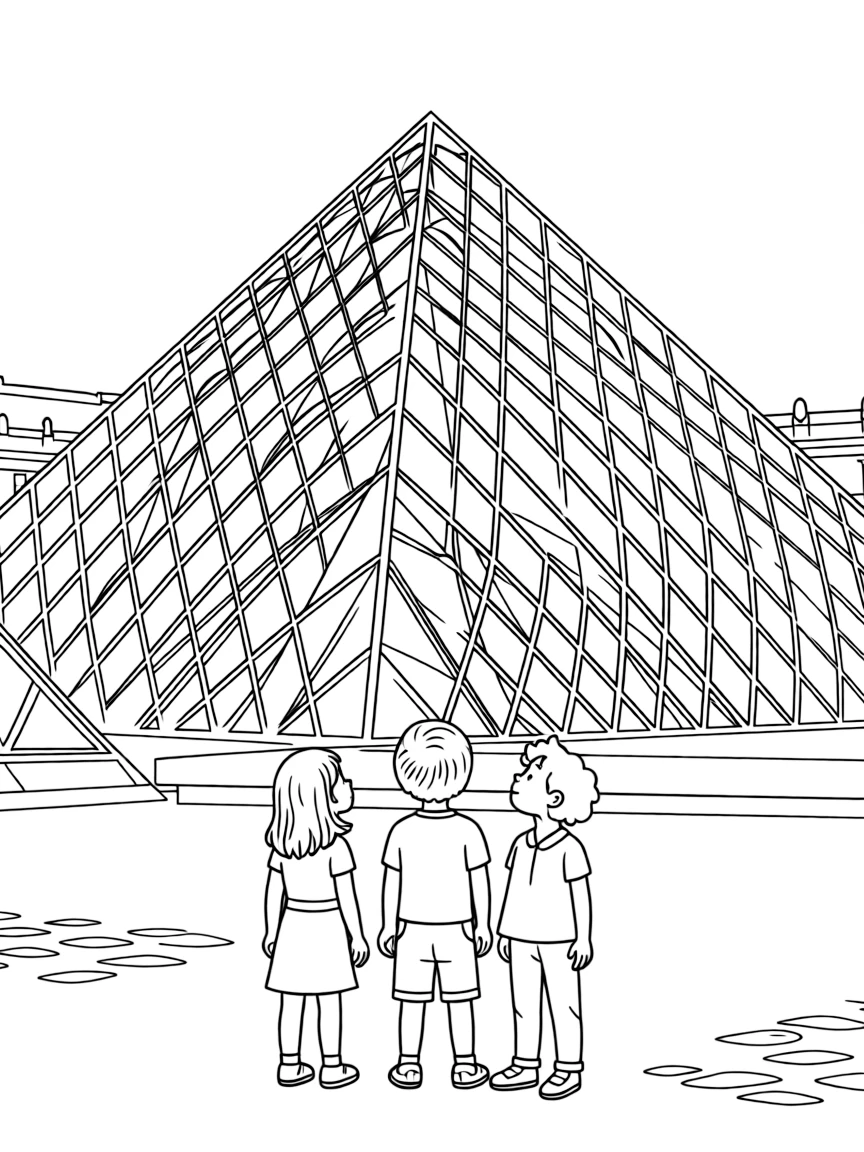 (France) The Louvre Museum pyramid with kids looking up at it