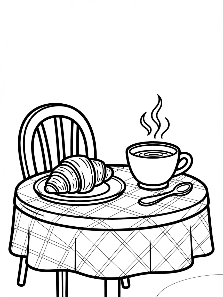 (France) A croissant and hot chocolate on a café table