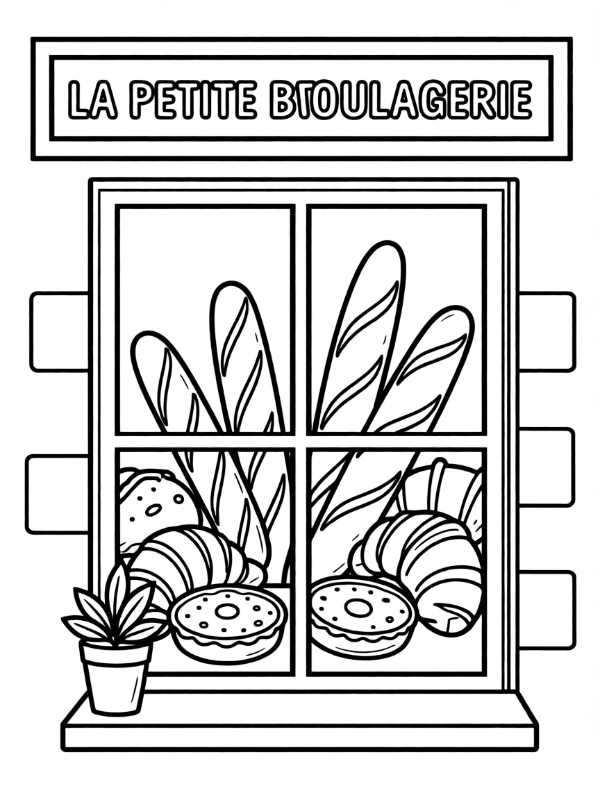 (France) A little bakery window with loaves of bread and pastries