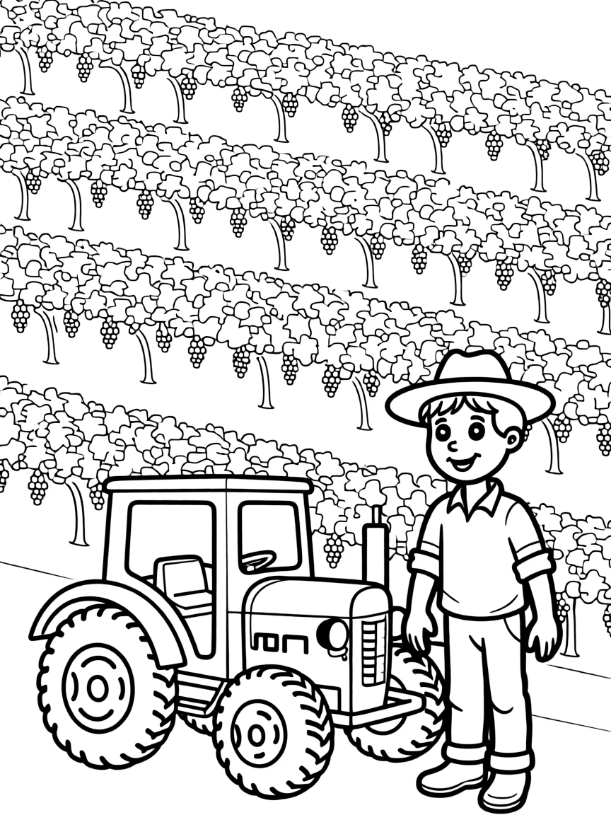 (France) A vineyard with rows of grapevines and a tractor