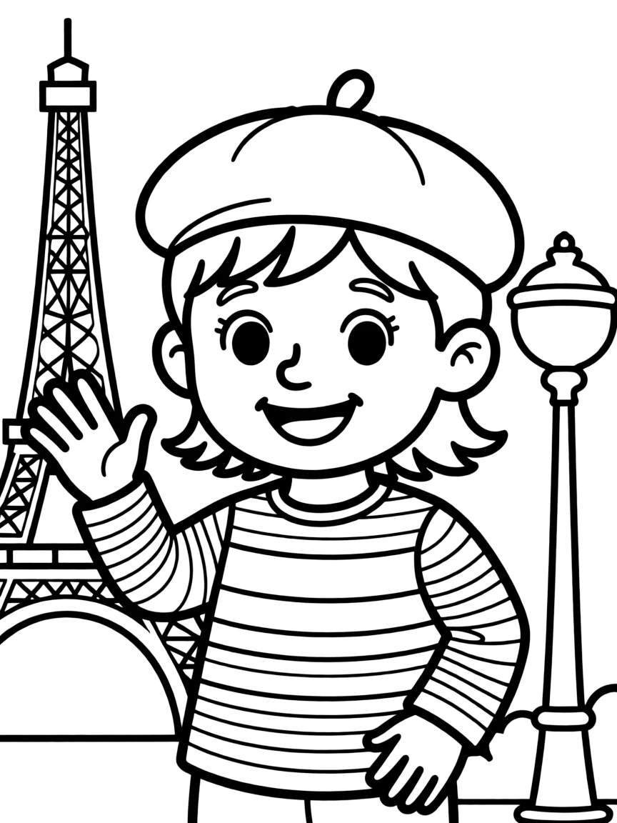 (France) A French beret and striped shirt on a smiling child