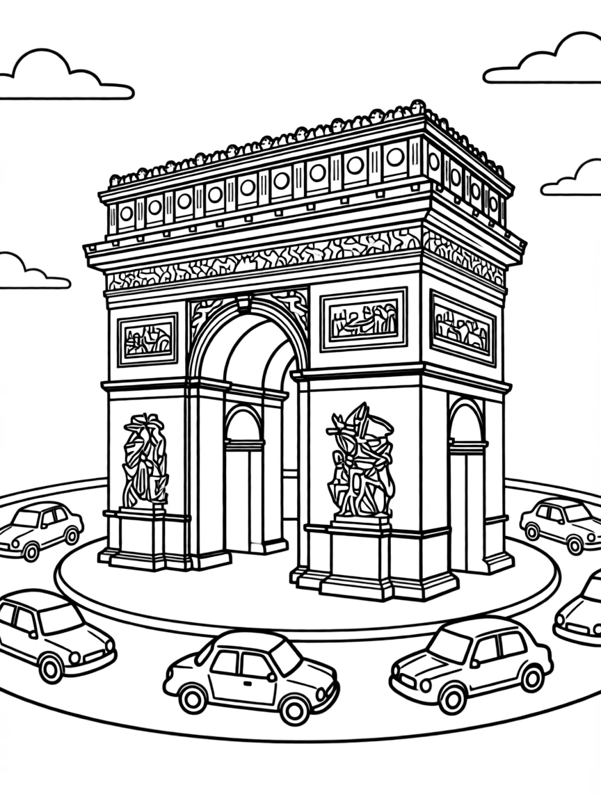 (France) The Arc de Triomphe with small cars circling below