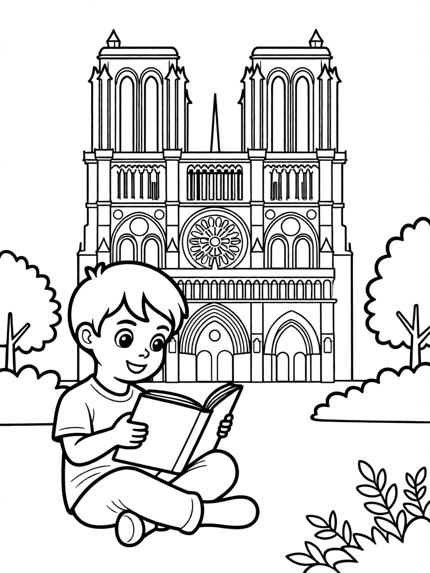 (France) A child reading a book in front of the Notre-Dame Cathedral