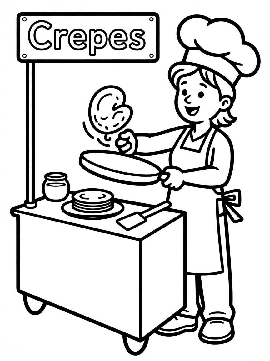 (France) A crepe stand with a cook flipping thin pancakes