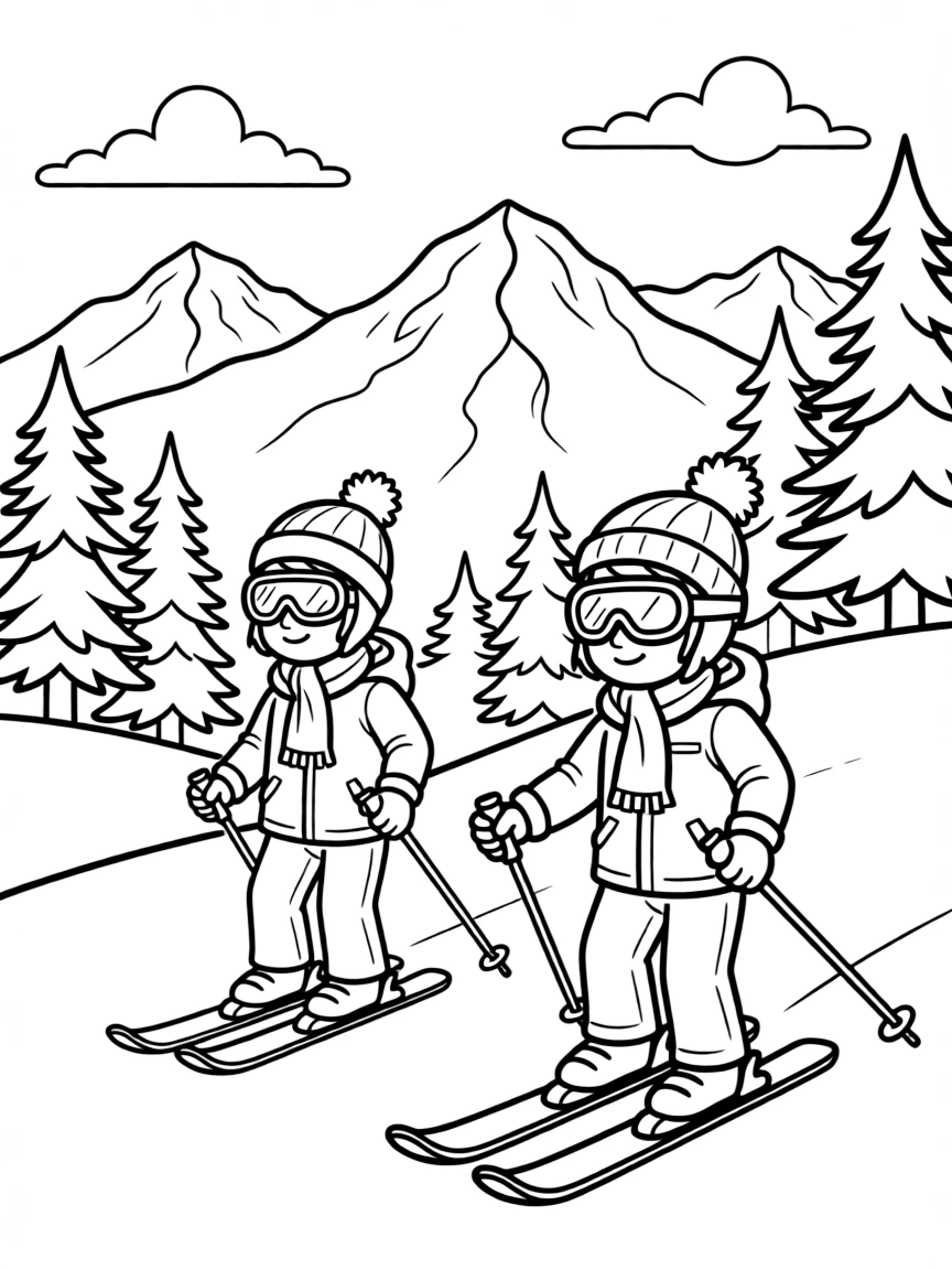 (France) The Alps mountains with kids skiing down snowy slopes