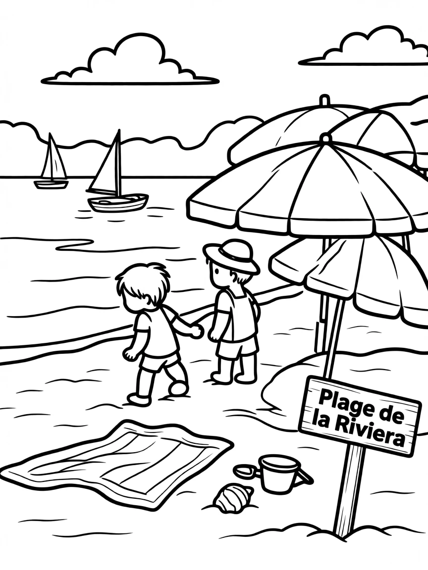 (France) A beach scene from the French Riviera with umbrellas and boats