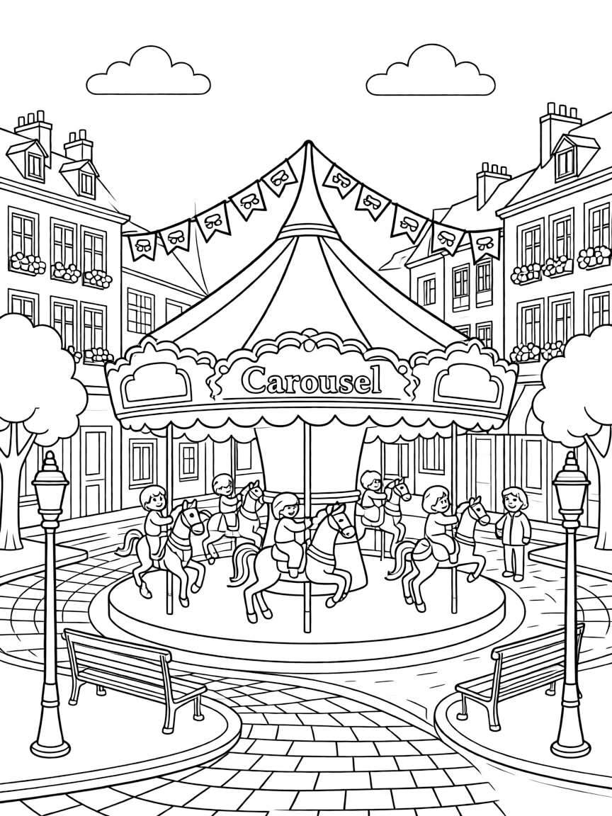 (France) A carousel in a charming town square