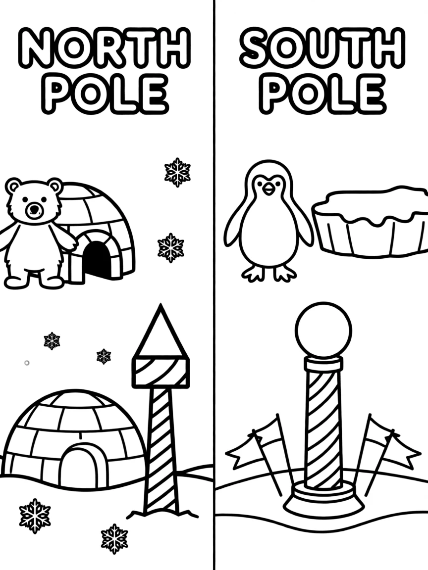 A split-scene coloring page divided by a vertical line down the middle: left side labeled 'NORTH POLE' with a cartoon polar bear, an igloo, and Santa's candy-cane striped marker post; right side labeled 'SOUTH POLE' with a cartoon penguin, an ice shelf, and the real barber-pole South Pole marker with small flags. Snowy ground and a few falling snowflakes on both sides.