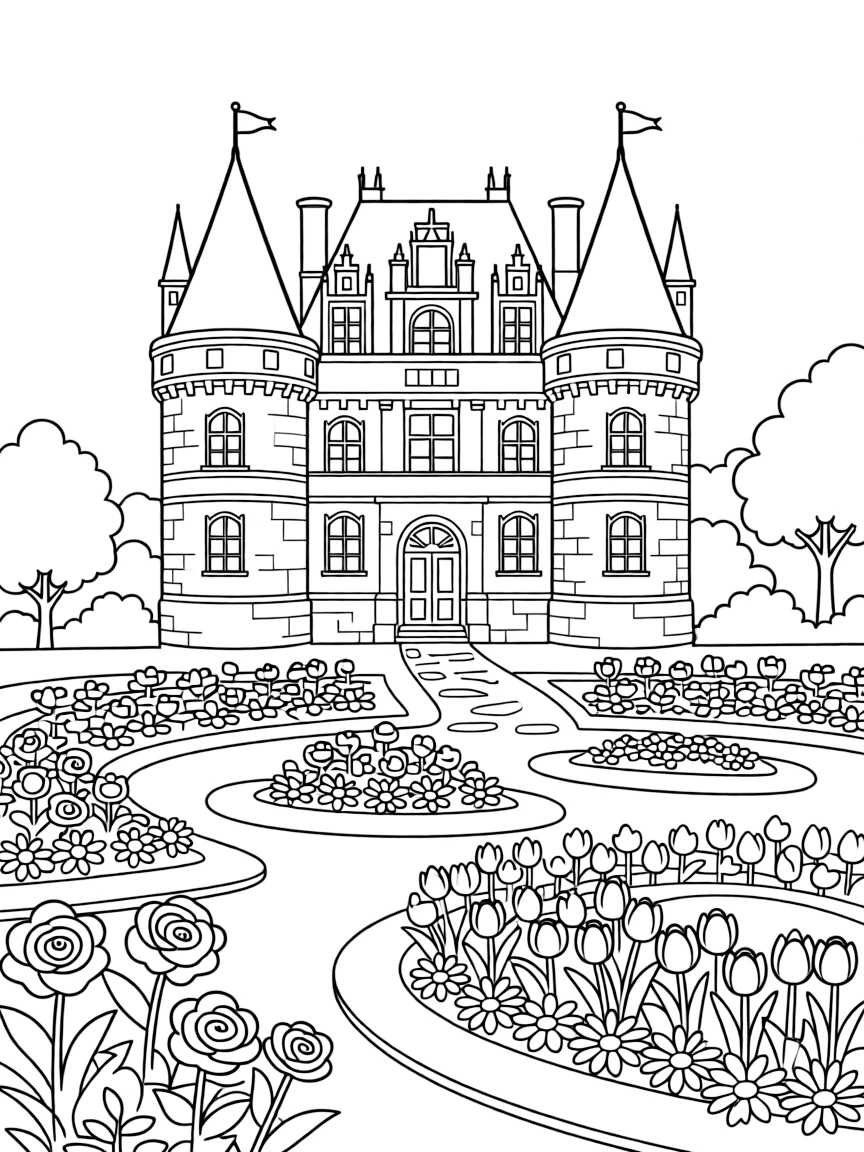 (France) A castle in the Loire Valley with flower gardens