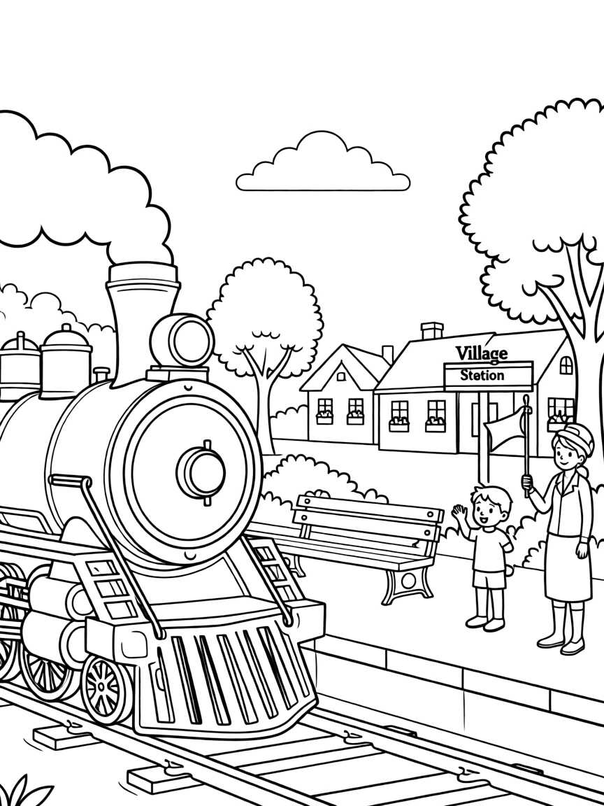 (France) A steam train arriving at a village station
