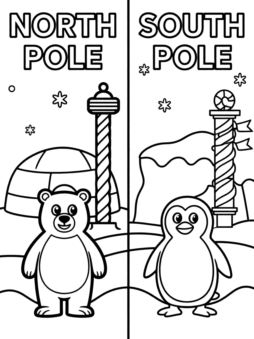 A split-scene coloring page divided by a vertical line down the middle: left side labeled 'NORTH POLE' with a cartoon polar bear, an igloo, and Santa's candy-cane striped marker post; right side labeled 'SOUTH POLE' with a cartoon penguin, an ice shelf, and the real barber-pole South Pole marker with small flags. Snowy ground and a few falling snowflakes on both sides.