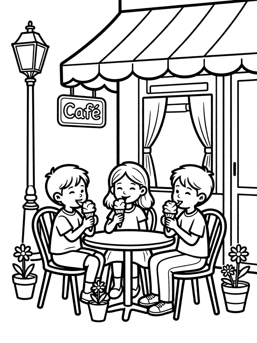 (France) Kids eating ice cream outside a small café