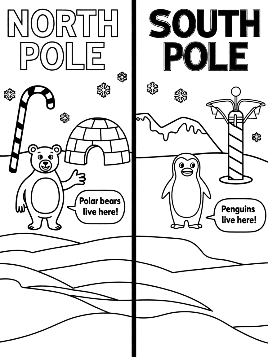 A split-scene coloring page divided by a vertical line down the middle: left side labeled 'NORTH POLE' with a cartoon polar bear standing near an igloo and Santa's candy-cane striped marker post, with a small speech-bubble text below reading 'Polar bears live here!'; right side labeled 'SOUTH POLE' with a cartoon penguin standing near an ice shelf and the real barber-pole South Pole marker with small flags, with a small speech-bubble text below reading 'Penguins live here!'. Snowy ground and a few falling snowflakes on both sides.