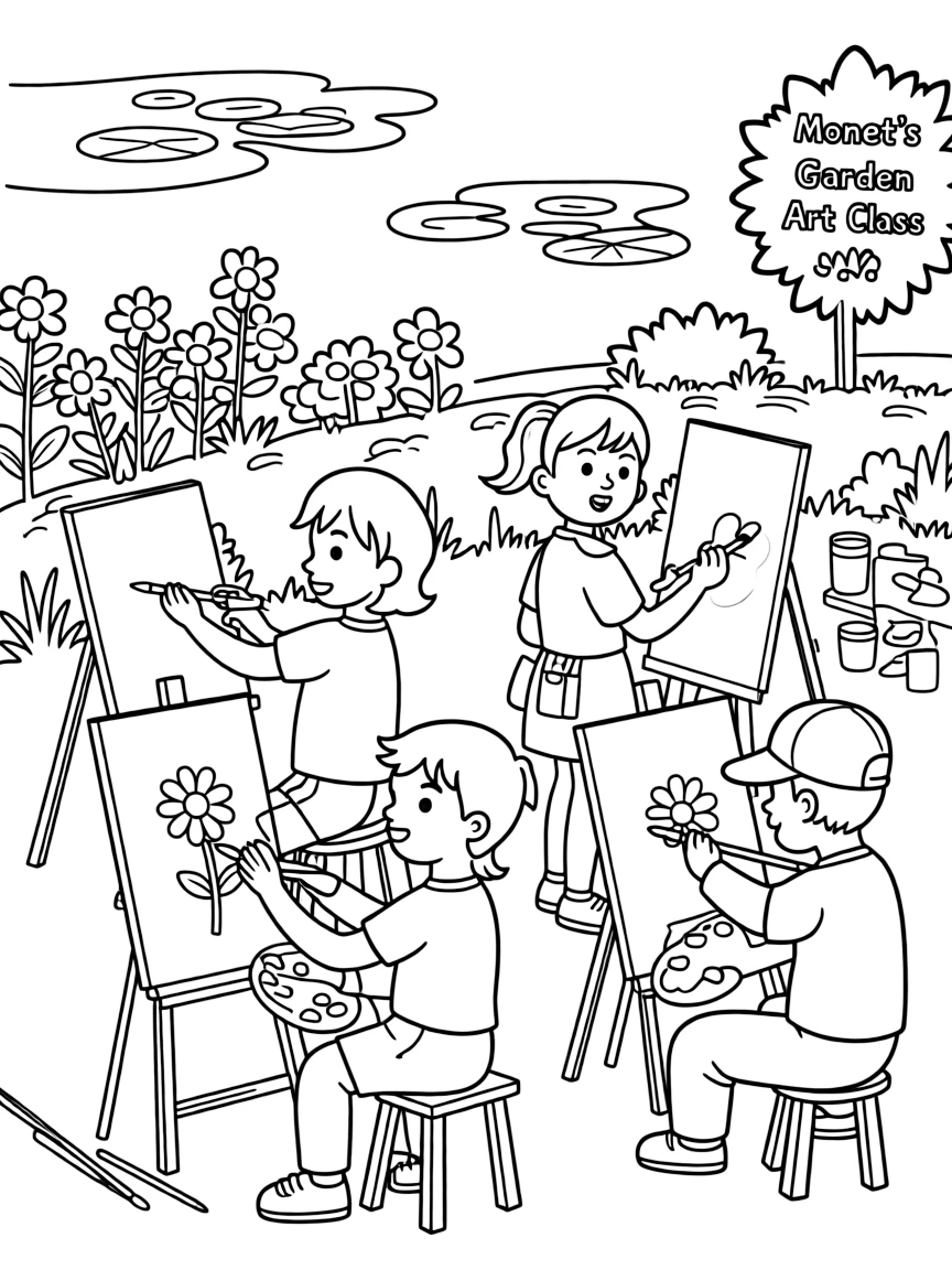 (France) A group of children painting at art class in Monet’s garden