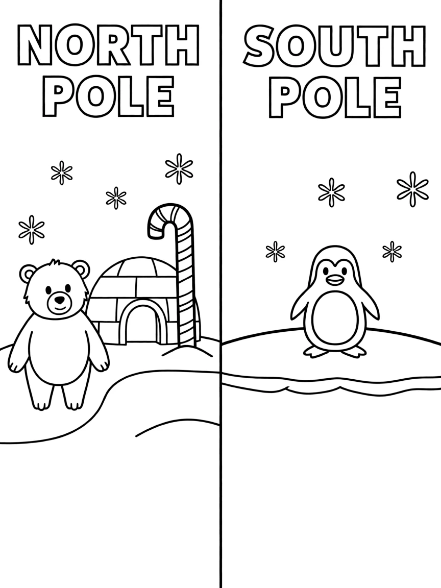 A split-scene coloring page divided by a vertical line down the middle: left side labeled 'NORTH POLE' with a cartoon polar bear, an igloo, and Santa's candy-cane striped marker post; right side labeled 'SOUTH POLE' with a cartoon penguin, an ice shelf. Snowy ground and a few falling snowflakes on both sides.