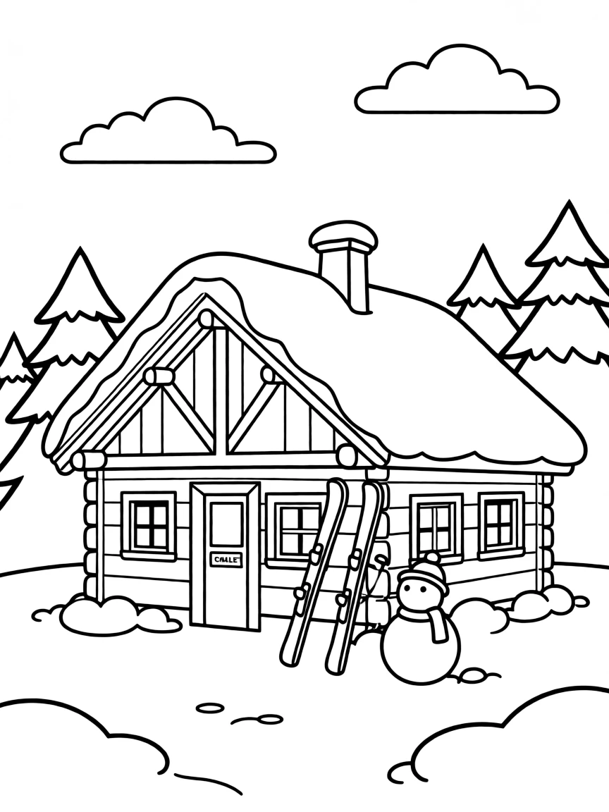 (France) A snowy chalet in the French Alps with skis outside