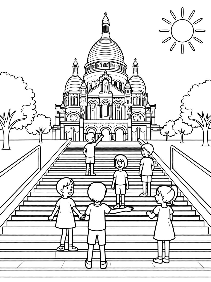 (France) Kids climbing the steps to Sacré-Cœur in Montmartre