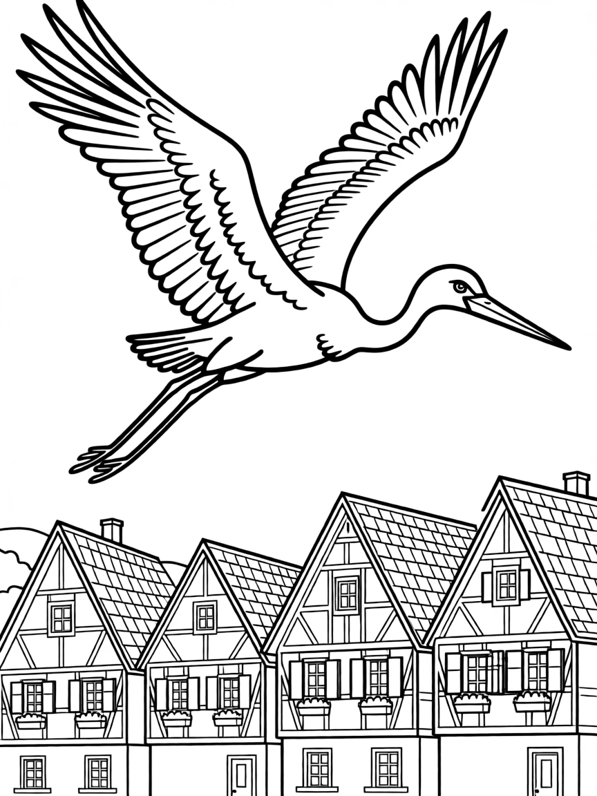 (France) A stork flying over the Alsace region’s timber houses