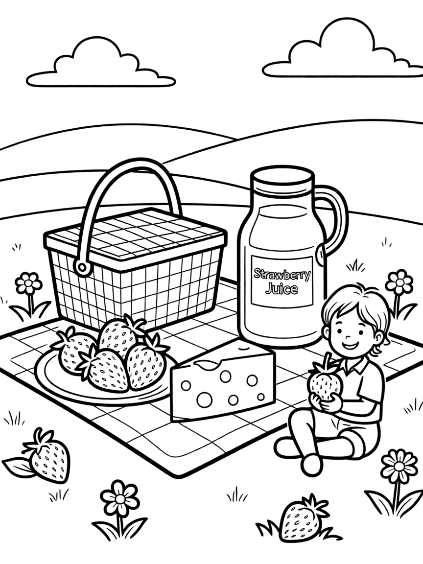 (France) A picnic with strawberries, cheese, and juice in a field