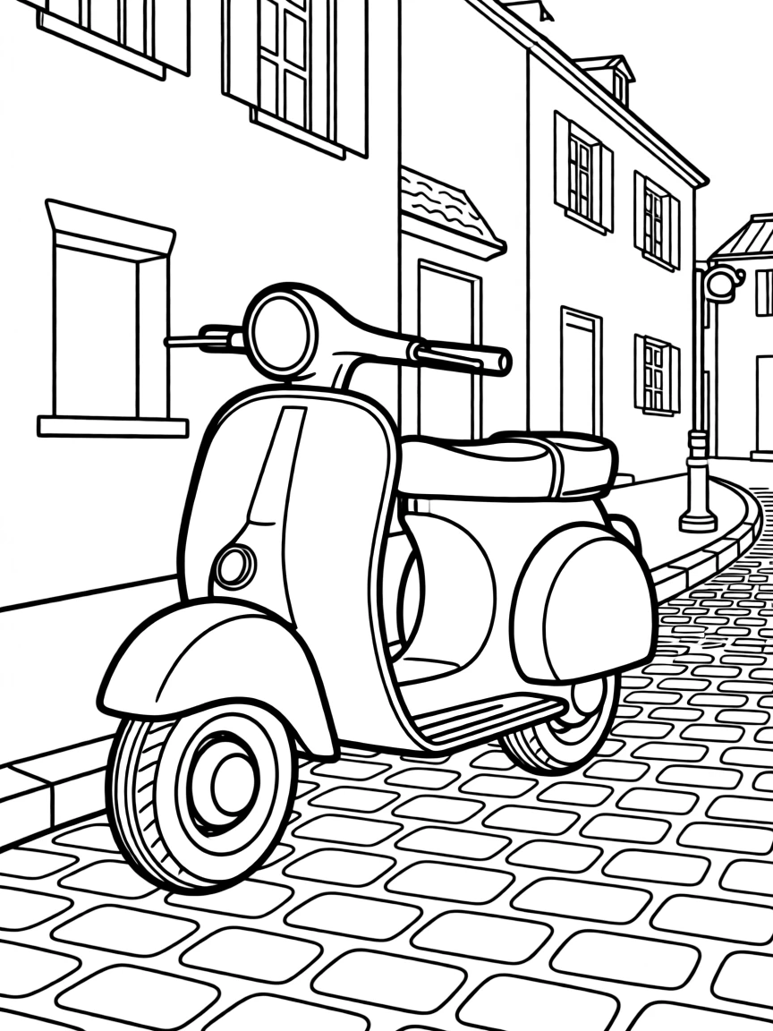 (France) A scooter parked beside a cobblestone street