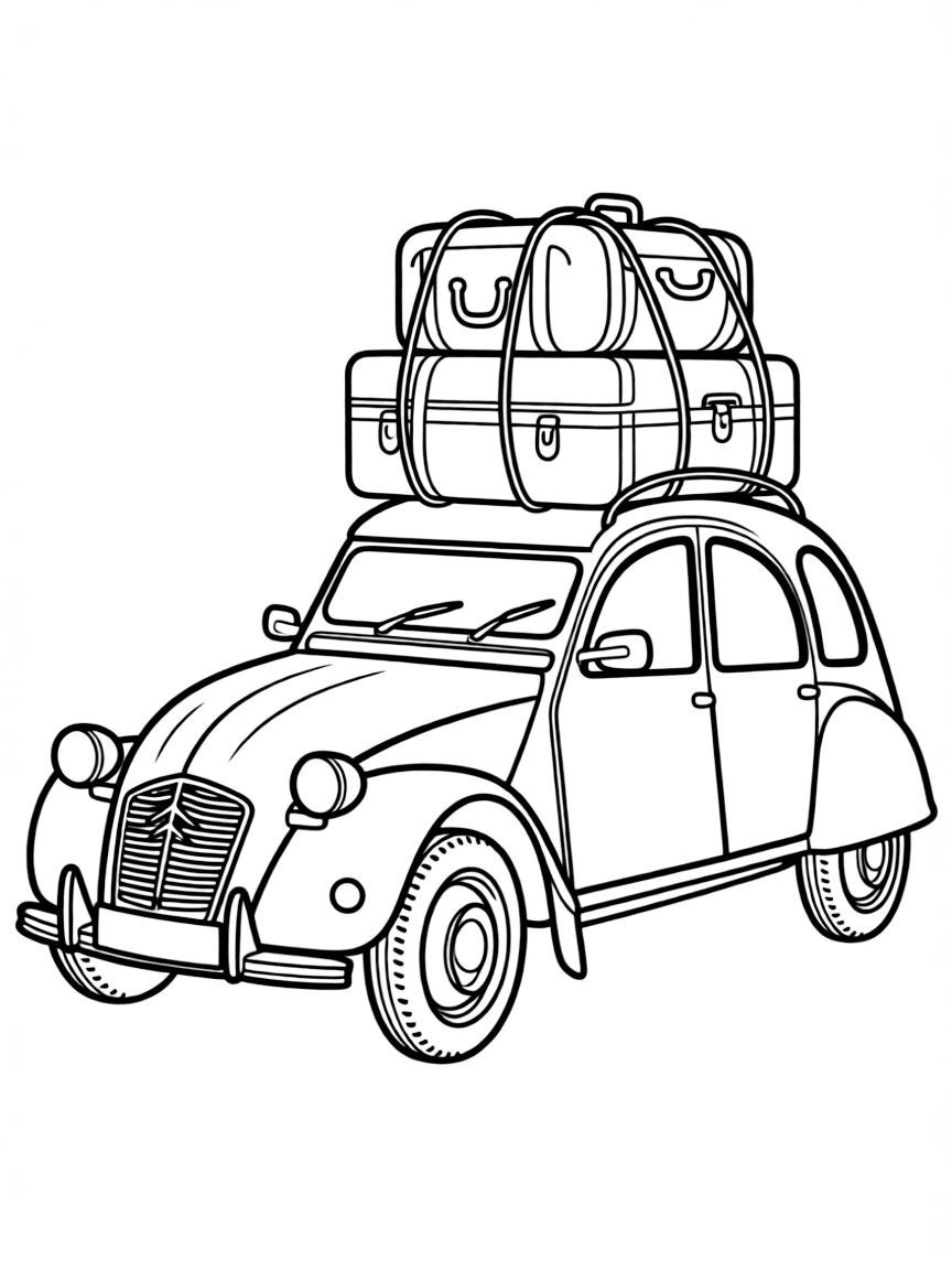 (France) A vintage Citroën car with luggage tied on top